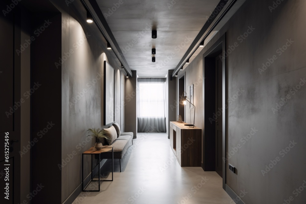 Interior of modern hotel room with dark gray walls, concrete floor and long corridor. Industrial, concrete or loft Style. created with Generative AI