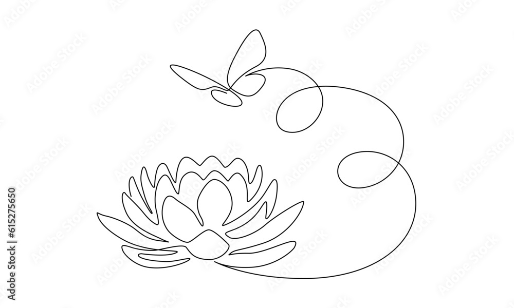 Flower lotus with flying butterfly in one continuous line drawing. Logo yoga studio and wellness spa salon concept in simple linear style. Water lily in editable stroke. Doodle vector illustration Flower lotus with flying butterfly in one continuous line drawing. Logo yoga studio and wellness spa salon concept in simple linear style. Water lily in editable stroke. Doodle vector illustration