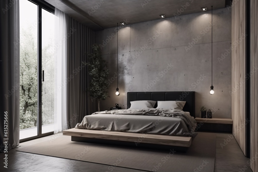 Interior of modern bedroom with concrete walls, concrete floor and comfortable king size bed. Industrial, concrete or loft Style. created with Generative AI Interior of modern bedroom with concrete walls, concrete floor and comfortable king size bed. Industrial, concrete or loft Style. created with Generative AI