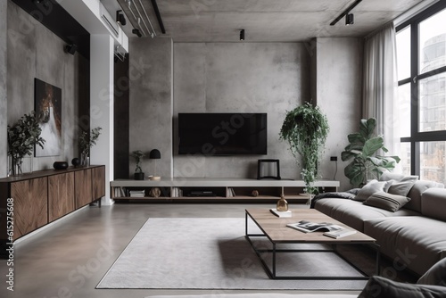 Modern living room interior with sofa, TV and plants. Industrial, concrete or loft Style. created with Generative AI