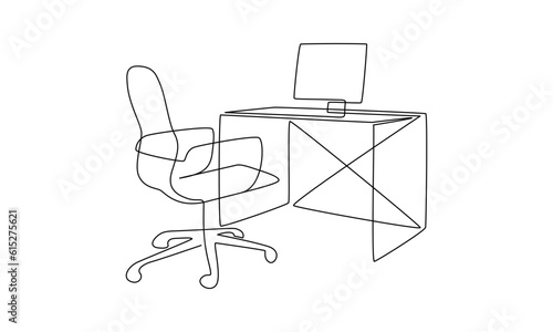 One continuous line drawing of home office interior. Modern work desk and chair with laptop in simple linear style. Remote distant work concept in editable stroke. Contour vector illustration
