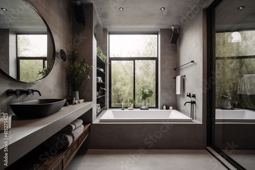 Interior of modern bathroom with bathtub, panoramic window. Industrial, concrete or loft Style. created with Generative AI © drixe