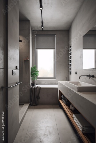 Wallpaper Mural Interior of modern bathroom with concrete walls, tiled floor, comfortable bathtub and shower stall. Industrial, concrete or loft Style. created with Generative AI Torontodigital.ca