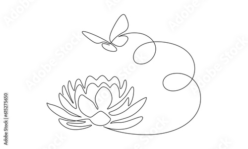 Flower lotus with flying butterfly in one continuous line drawing. Logo yoga studio and wellness spa salon concept in simple linear style. Water lily in editable stroke. Doodle vector illustration