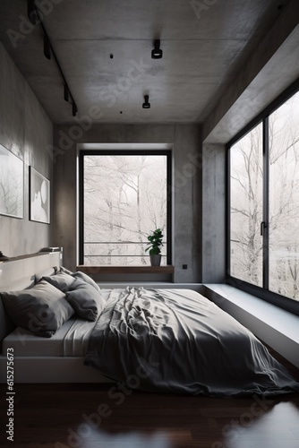 Interior of a modern bedroom with a window overlooking the winter landscape. Industrial, concrete or loft Style. created with Generative AI