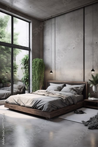 Modern bedroom interior design with wooden bed. 3d render concept. Industrial, concrete or loft Style. created with Generative AI