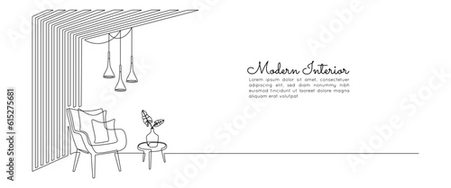 Modern design interior with armchair and wood slat walls in one continuous line drawing. Hygge scandinavian decor and soft furniture chair in simple linear style. Doodle vector illustration
