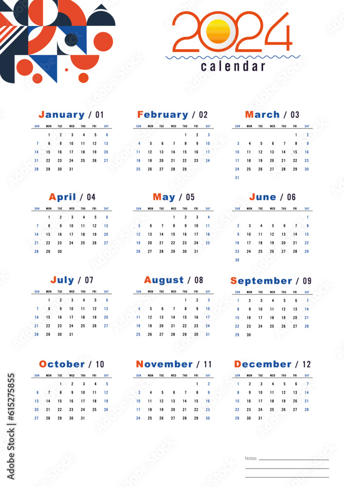 Calendar for year 2024. Calendar 2024 Template With Abstract Geometric