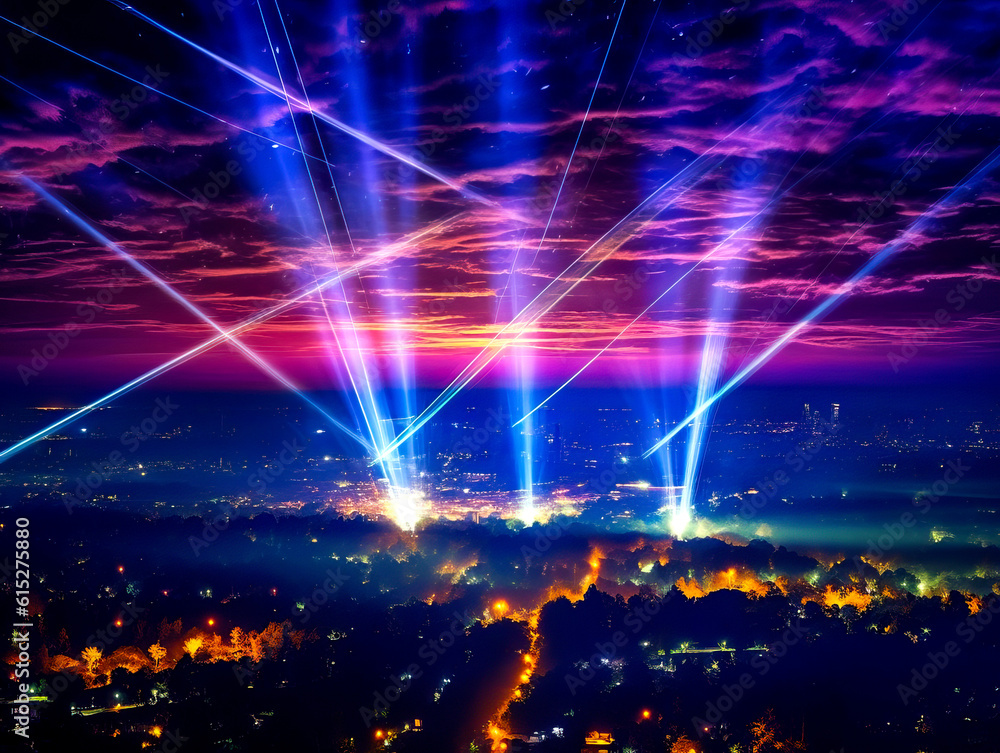 Lasershow über einer Stadt, Ki generated