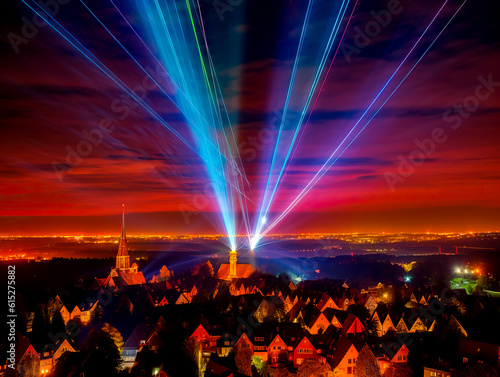 Lasershow über einer Stadt, Ki generated © Comofoto