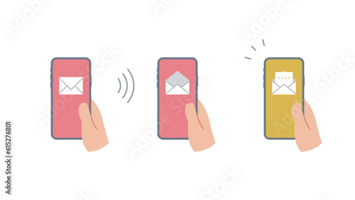 手に持ったスマートフォンにメールのアイコンのセット