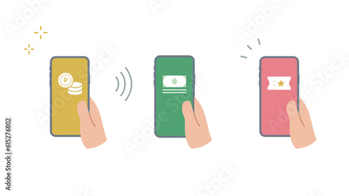 手に持ったスマートフォンにお金、チケットのアイコンのセット