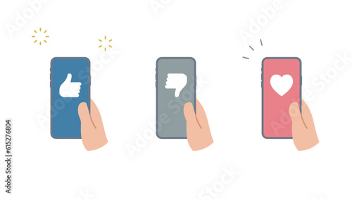 手に持ったスマートフォンにSNSのいいねのアイコンのセット