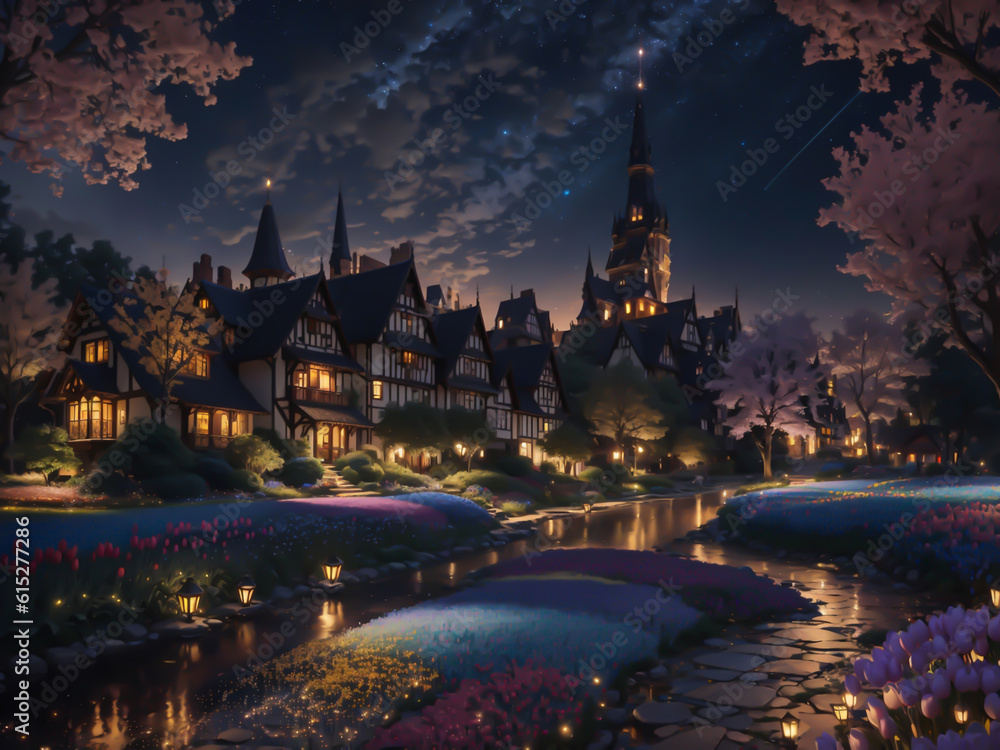 Fairy tale city at night is a magical sight where the tranquil river reflects the twinkling city lights while nearby colorful flower gardens add a burst of vibrant beauty to the enchanting scene.