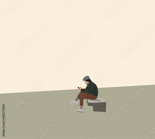 Man sitting on bench enjoying mobile devices. Sending message and texting to friends via messenger app