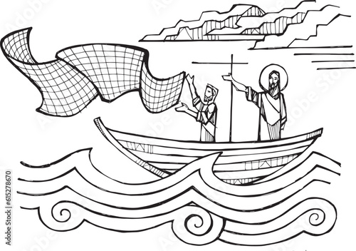 Hand drawn illustration of Jesus casting the nets.
