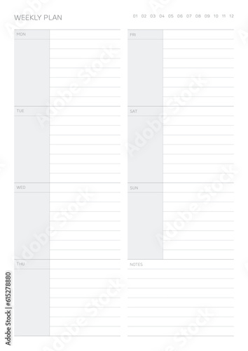 A weekly plan design template in a modern, simple, and minimalist style. Note, scheduler, diary, calendar, planner document template illustration.