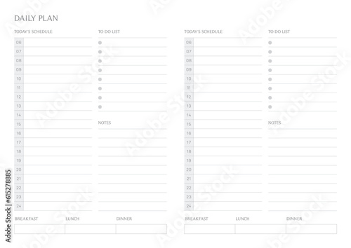 A daily plan design template in a modern, simple, and minimalist style. Note, scheduler, diary, calendar, planner document template illustration.