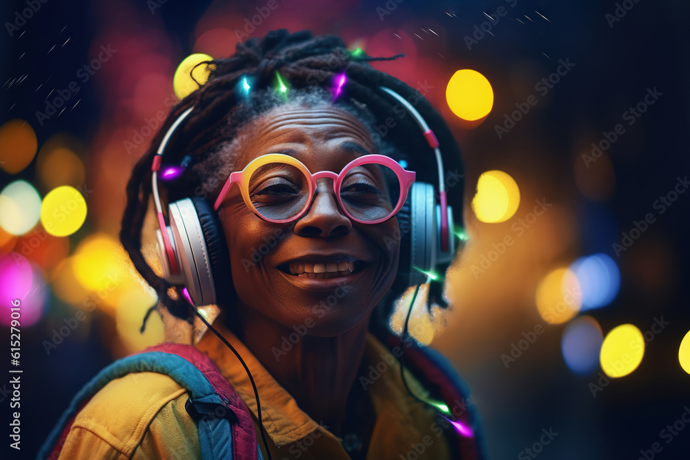 Senior African woman in headphones. Forever young, balaced life, positive mindset concept