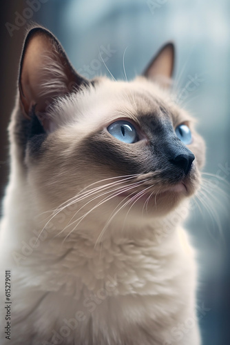 Portrait Siamese Cat Close up in Living Room By AI © Worrapol