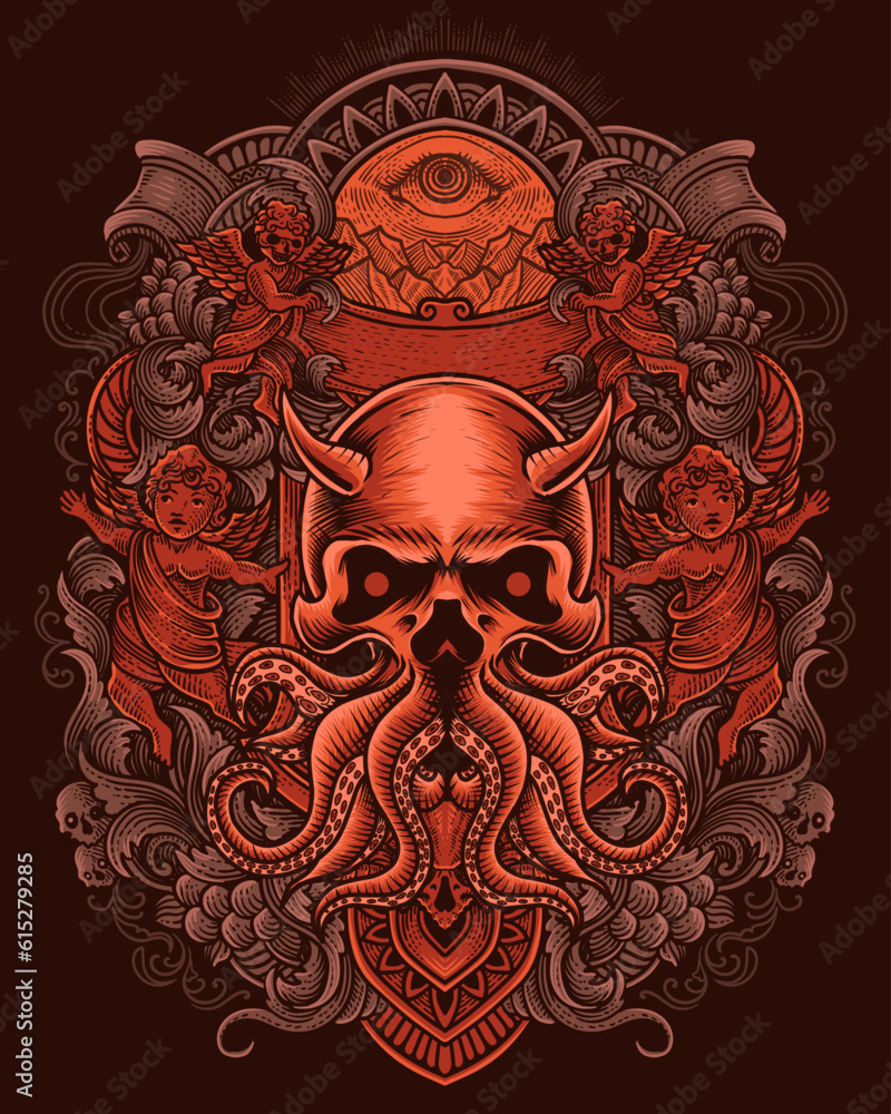 Skull octopus with vintage engraving style