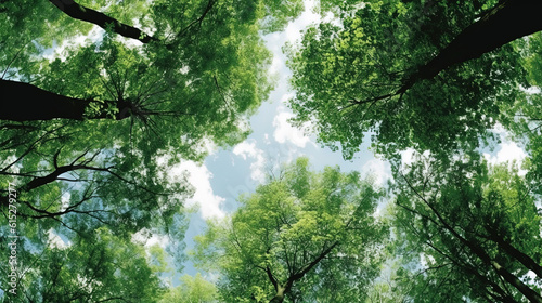Photo Trees in forest from below, green tops of trees, blue sky background