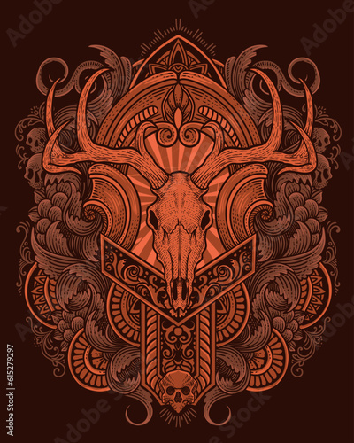 Deer skull with antique engraving ornament background