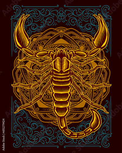 scorpion on antique engraving ornament background
