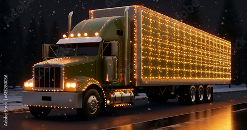  A truck that is decorated for the Christmas holidays drives in the snow during the winter photo