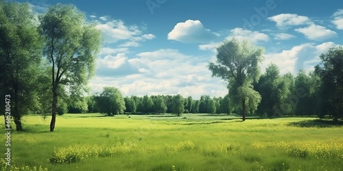 A lush green meadow with trees. Created with Generative AI technology