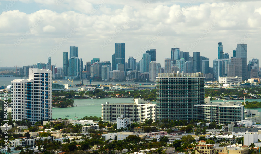 Urban landscape of downtown district of Miami city in Florida, USA. Skyline with high skyscraper buildings in modern american megapolis