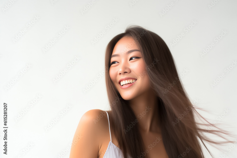 Charming Asian teenager with long hair blowing in the breeze exudes positivity with a bright smile on a white background. Charming Asian teenager with long hair blowing in the breeze exudes positivity with a bright smile on a white background.