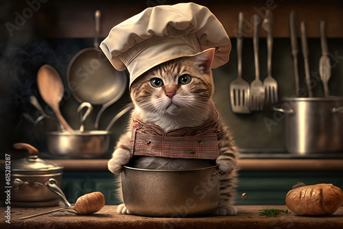 cat wearing a miniature chef hat and apron, attempting to cook or prepare a meal with comical expressions, generative AI