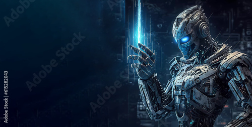 Cyber ​​robot. digital. pointing finger. Banner. Wallpaper. copyright. created by AI