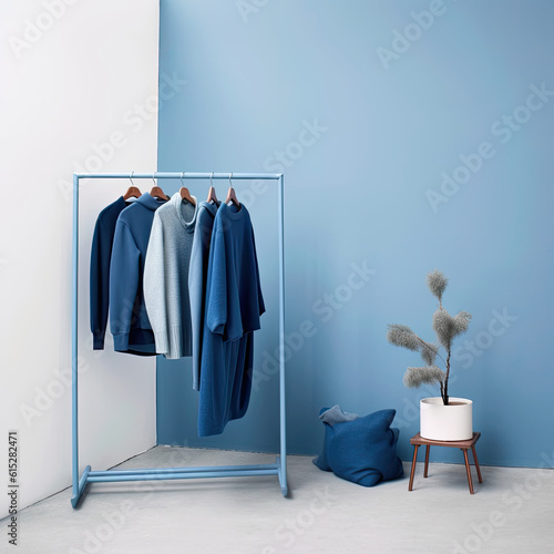 Blue Elegance: Clothing Display Rack in Minimalist Setting