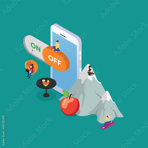 People taking rest in nature disconnecting from all digital devices isometric 3d vector illustration concept for banner, website, illustration, landing page, flyer, etc