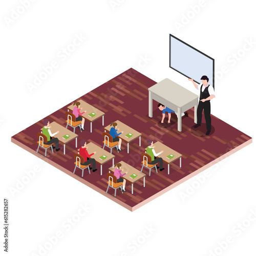 Kids Watching a Teacher and a Kid Taking Cover Under a Table in an earthquake drill isometric 3d vector illustration concept for banner, website, illustration, landing page, flyer, etc