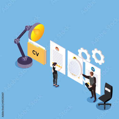 Man and woman office workers standing in front of list of job applicants isometric 3d vector illustration concept for banner, website, illustration, landing page, flyer, etc