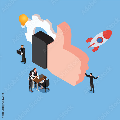 Social media strategist having a meeting with huge thumb and rocket icons isometric 3d vector illustration concept for banner, website, illustration, landing page, flyer, etc