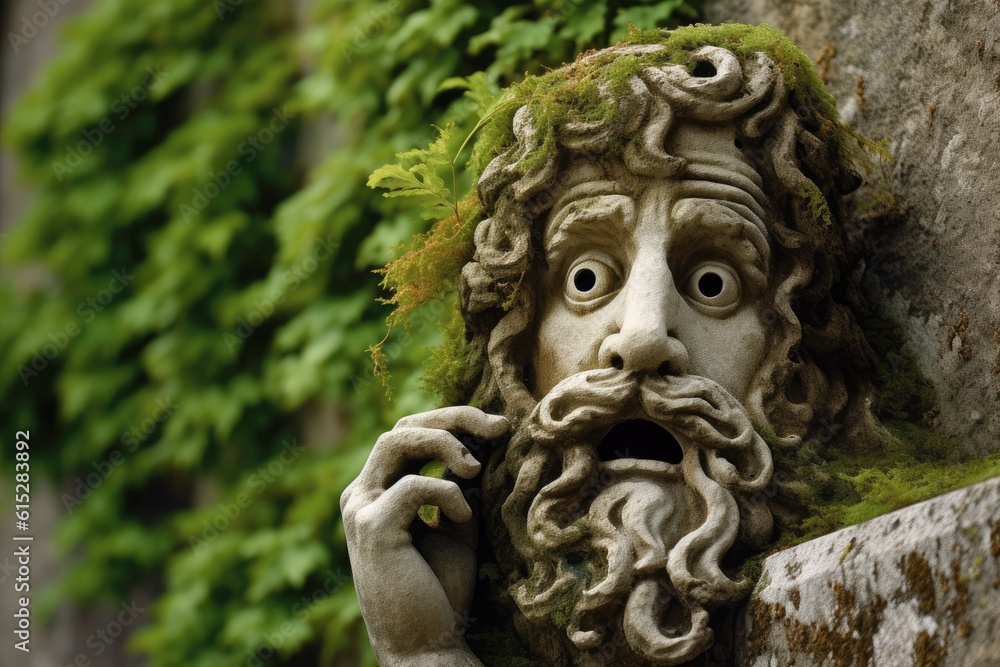 A deity statue standing on a moss covered wall A deity statue standing on a moss covered wall