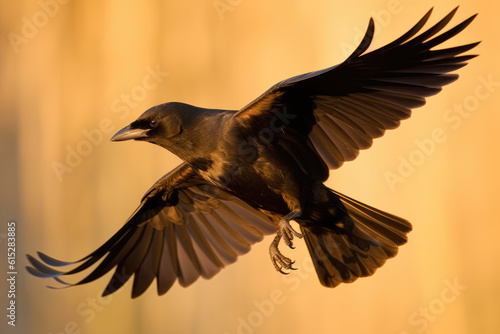 A black raven flying on an orange sunset