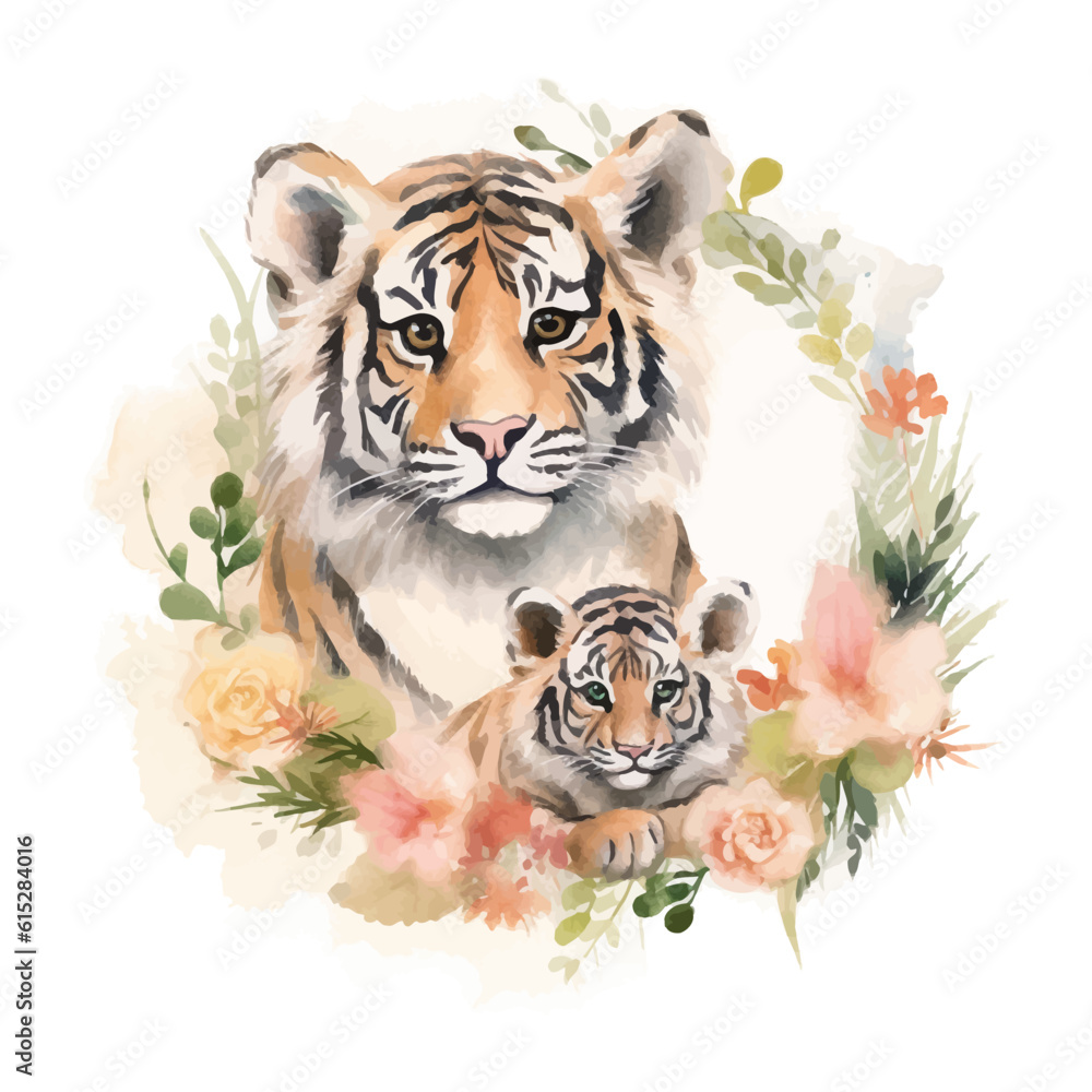 Cute mother and baby tiger cartoon in watercolor painting style Cute mother and baby tiger cartoon in watercolor painting style