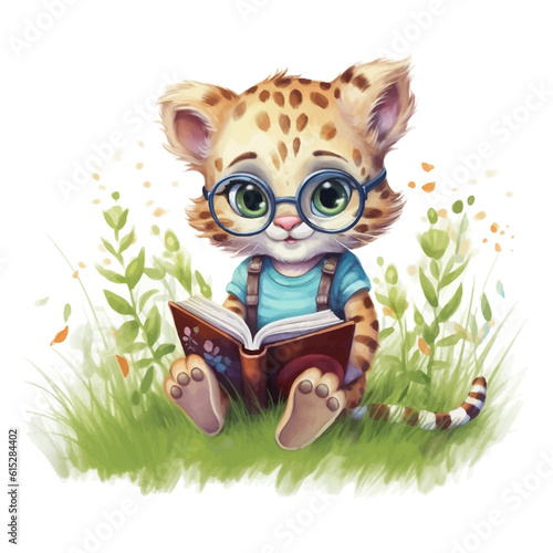 Cute cheetah cartoon reading a book in the grass with watercolor painting style © Fauziah