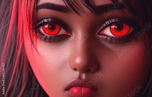 Young african american girl Fantasy Character with Red Eyes. Generative AI.