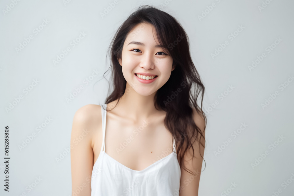 Portrait of Beautiful Asian Woman with her Smooth skin look at camera on White background in Studio light. generative AI. Portrait of Beautiful Asian Woman with her Smooth skin look at camera on White background in Studio light. generative AI.