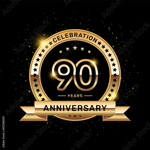 90 year anniversary logo with a number and golden ribbon, vector template