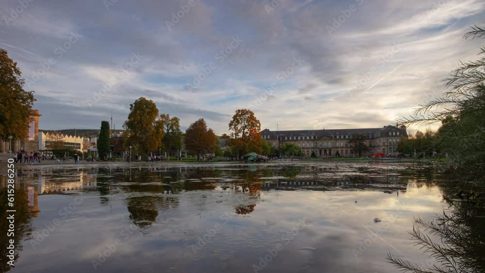 sunset time stuttgart city center famous park pond palace panorama 4k timelapse germany sunset time stuttgart city center famous park pond palace panorama 4k timelapse germany