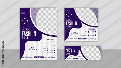 Fashion sale Flayer template with social media post and Facebook cover design . A4 size flyer , and square web post and cover layout . 