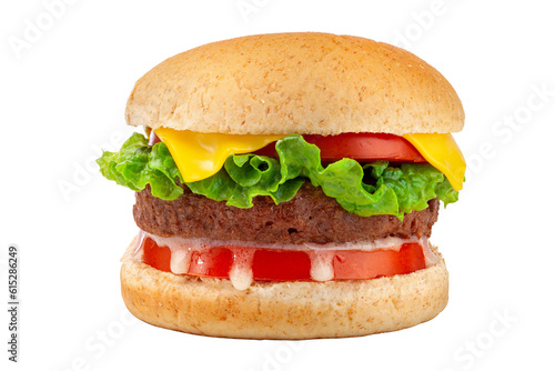 plant-based meat burger made with vegetarian ingredients on white background. photo
