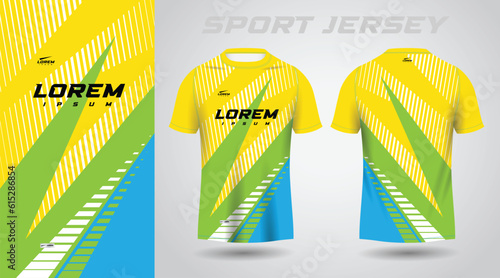 yellow green and blue color shirt soccer football sport jersey template design mockup